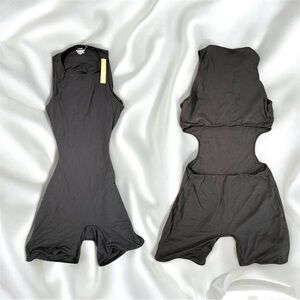 SKIMS Black backless cutout biker short romper onesie